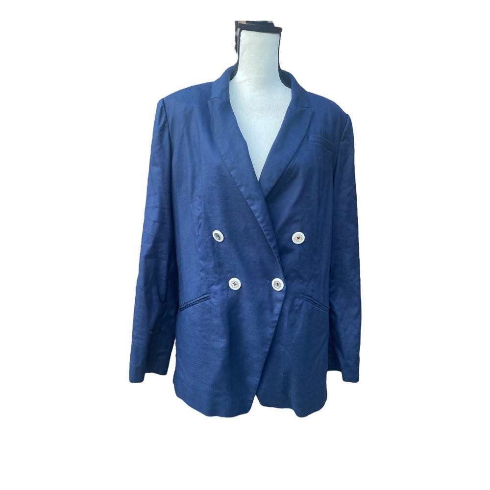White House Black Market Blazer Size 14 Linen Blend Blue Double Breasted